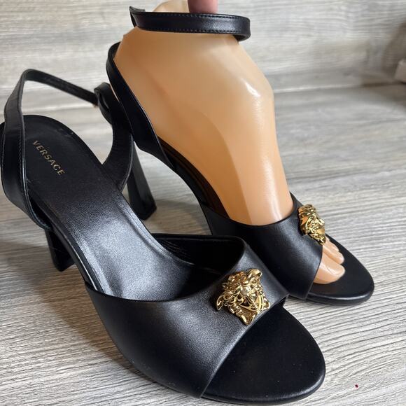 Versace Shoes - VERSACE SHOES BLACK LEATHER w MEDUSA HIGH HEEL SANDALS sz IT 39 US 8